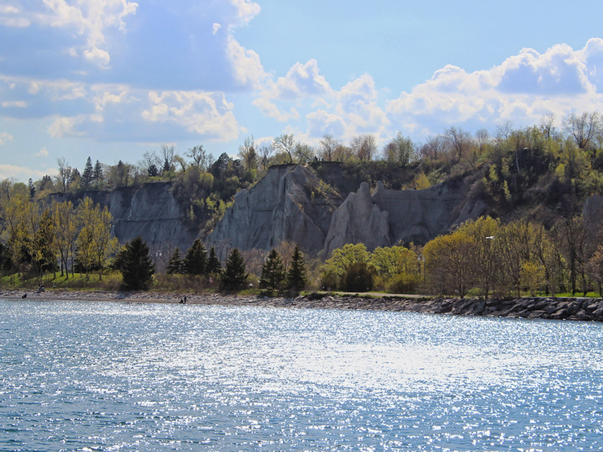 The layered cliffs of the Scarborough Bluffs along Lake Ontario.