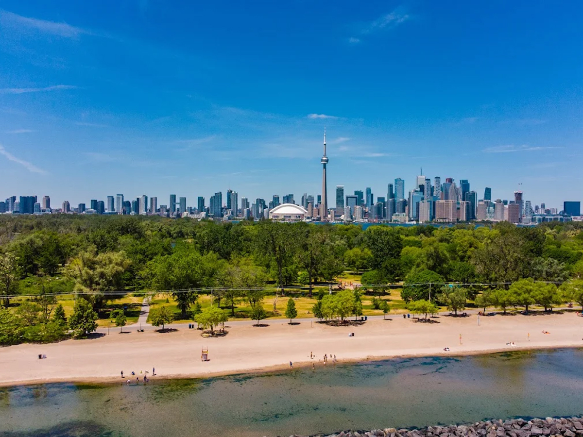 Skyline view from the Toronto Islands across Lake Ontario.
