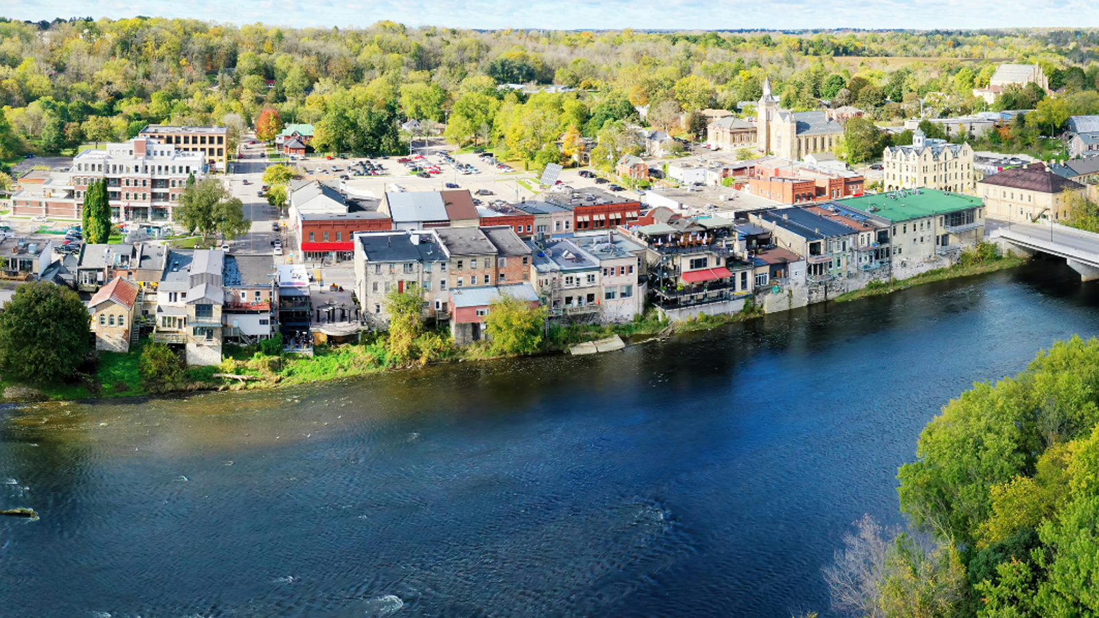 Cobblestone buildings and shops along Grand River Street in downtown Paris, Ontario