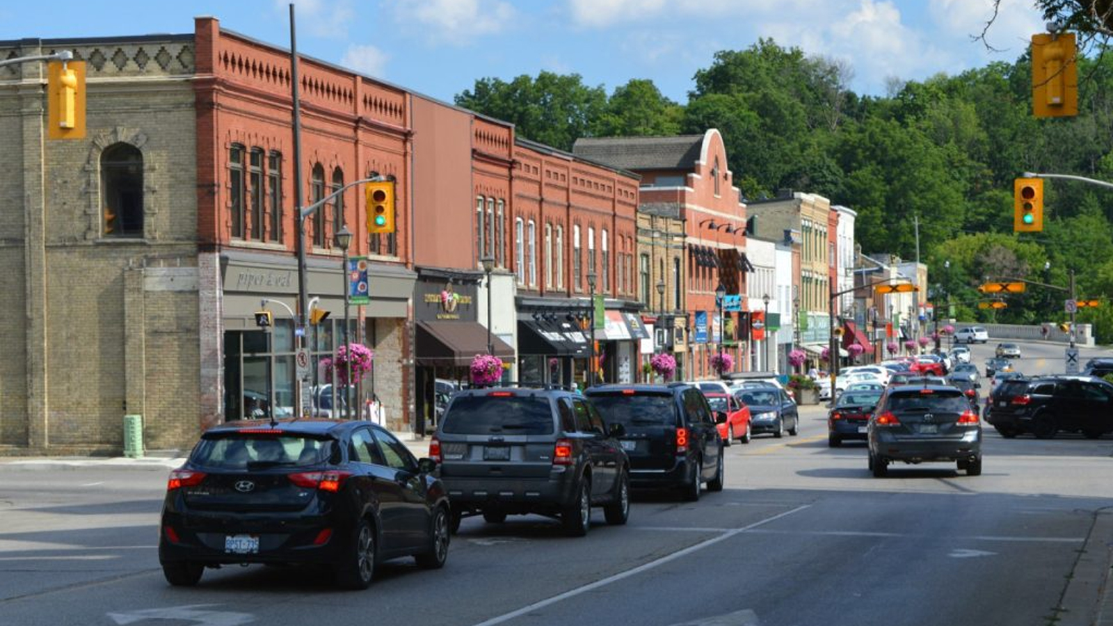Boutique shops and cafes on Grand River Street North in downtown Paris, Ontario