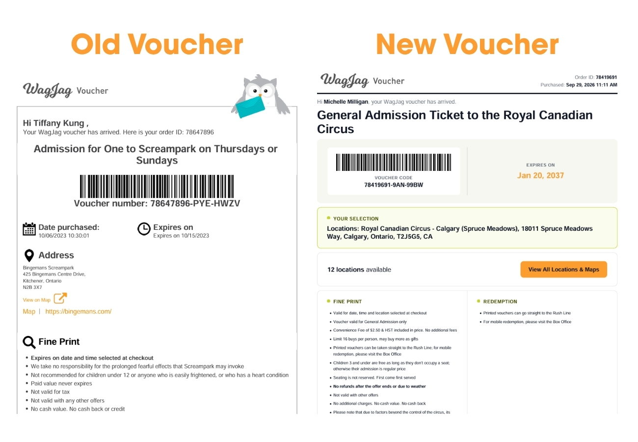 The previous WagJag voucher design next to the new voucher design