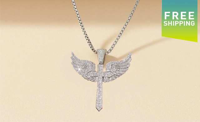 Image of $316.99 for a Moissanite Angel Wing Cross Pendant Necklace (a $1,303.56 Value)