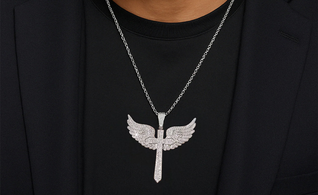 Image of $316.99 for a Moissanite Angel Wing Cross Pendant Necklace (a $1,303.56 Value)