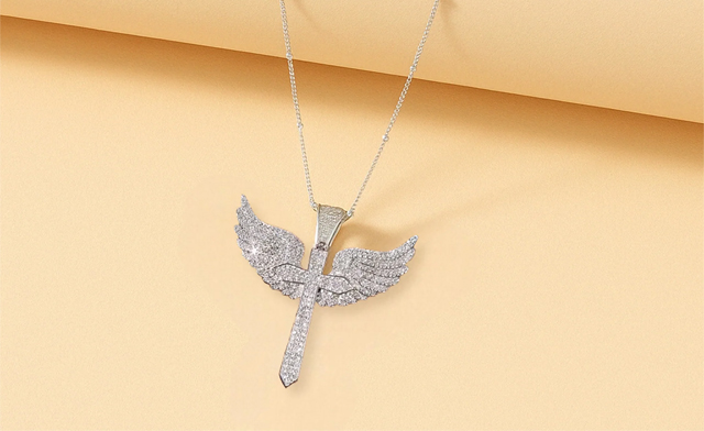 Image of $316.99 for a Moissanite Angel Wing Cross Pendant Necklace (a $1,303.56 Value)