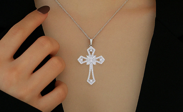 Image of $101.99 for a Moissanite Floral Cross Pendant Necklace (a $417.48 Value)