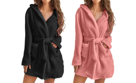 $28.99 for a Hooded Plush Warm Bathrobe (a $45.99 Value)