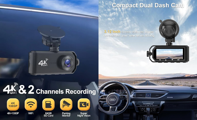 Image of $77 for a 4K Front & Rear Dash Cam with WiFi & 64GB Card (a $129.99 Value)