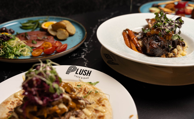 Plush Cafe and Bar 3 course dinner for two wine